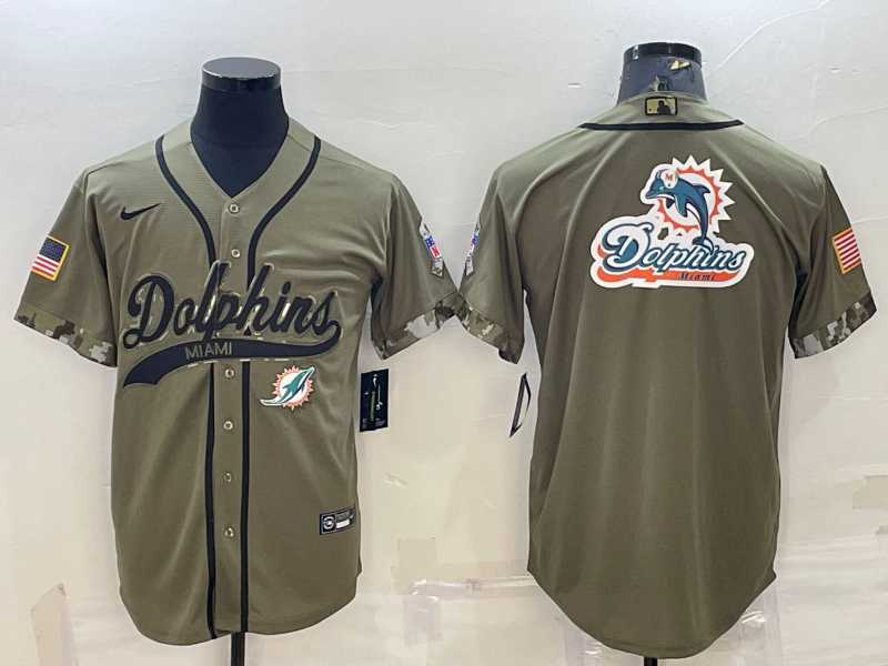 Men%27s Miami Dolphins Olive Salute to Service Team Big Logo Cool Base Stitched Baseball Jersey->new england patriots->NFL Jersey